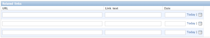 Screenshot of 'related links' in the Ellington admin, looking like any other inline-edited model